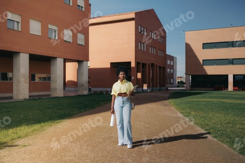 Preview: Confident african student woman standing in college campus. Copy space.