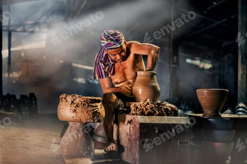 Preview: Craftmen making pottery, sculptor from wet clay on wheel, Handmade Pottery