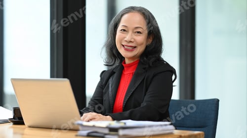 Preview: Smiling professional senior businesswoman sitting at the desk in front of laptop, looking at camera