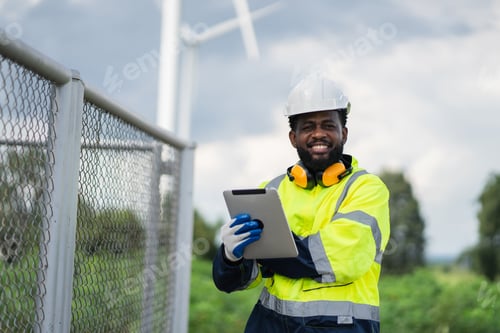Preview: Service engineers checking system of windmill. Clean and Renewable energy concept.