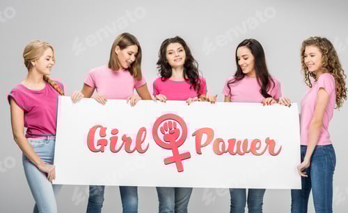 Preview: Empowered Women Hold Girl Power Sign in Studio
