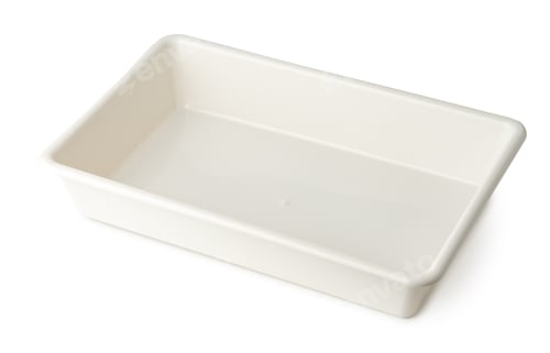 Preview: White plastic tray isolated on white background.