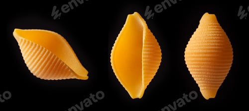 Preview: Close-up of dry shell-shaped pasta on a black background.