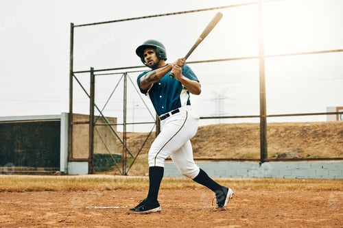 Preview: Baseball man, game face and hit ball with bat on a sport field in a game. Sports player with practi