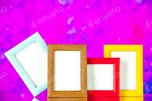 Preview: front view picture frames with colored corners on pink background picture present family photo