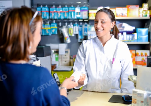 Preview: Female pharmacist staff counseling customer about drugs usage in modern pharmacy