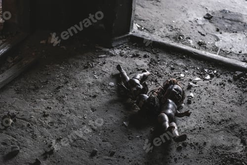 Preview: abandoned and scary baby dolls on ground, post apocalyptic concept