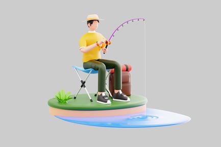 Preview: Cartoon fisherman with camping gear
