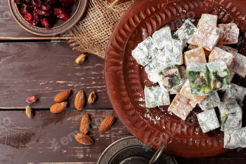 Preview: Turkish delight on a wooden table.