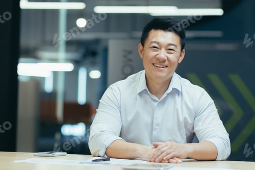Preview: Asian businessman in modern office looking at webcam, smiling sitting at table, online meeting