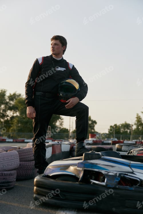 Preview: Young Man in Racing Suit on Racetrack