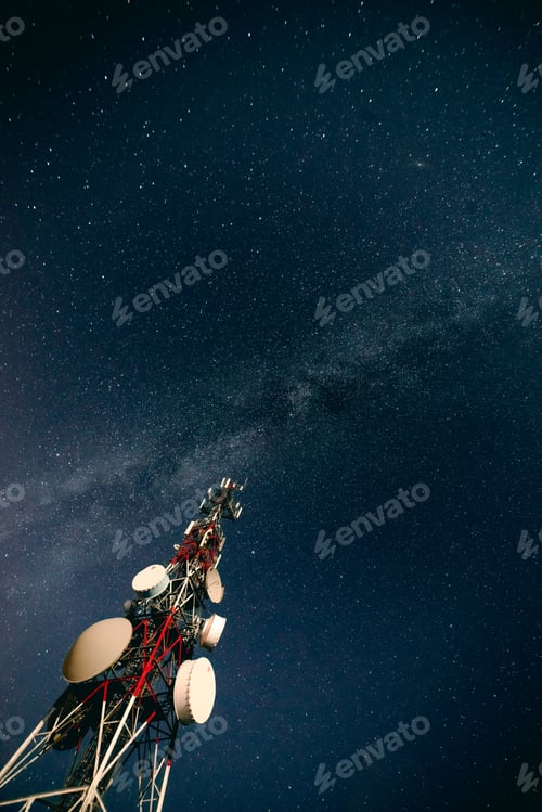 Preview: Communication tower and sky with stars in evening