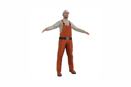 Preview: Figure worker in orange overalls and hard hat with upraised arms