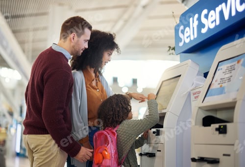 Preview: Travel ticket, self service and family with child for flight online booking, digital payment or sch