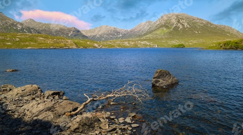 Preview: Beautiful lakeside landscape scenery mountains Twelve Bens in background, scenic nature at Connemara