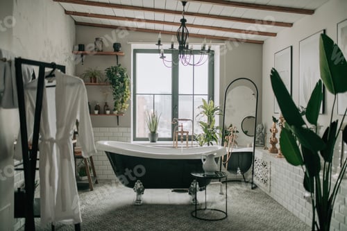 Preview: Luxury interior of eco style modern bathroom with oval bathtub and accessories at natural lighting