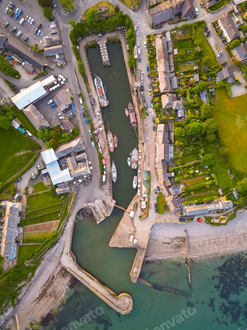Preview: Aerial shot of the Charlestown harbour in the South of Cornwall, England