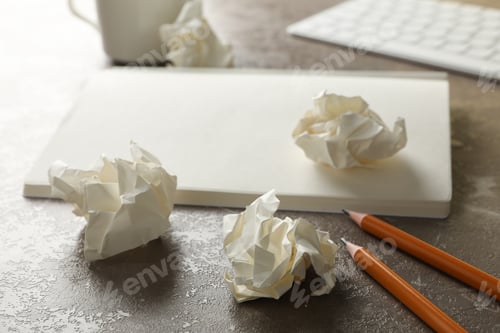Preview: Paper balls, notebook, cup of coffee, keyboard and pencils on grey background, close up