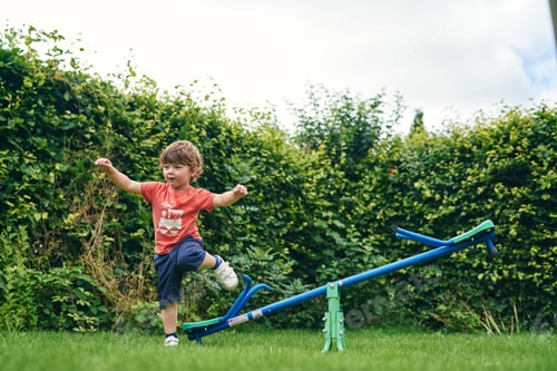 Preview: Young boy excitedly playing on a seesaw in a backyard
