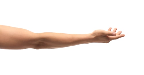 Preview: Young man held out hand on white background, closeup