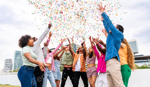 Preview: Happy playful multiethnic group of young friends bonding outdoors