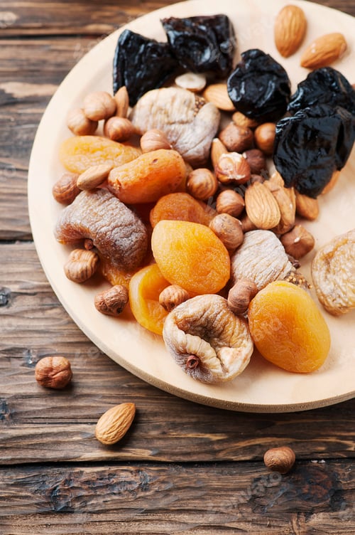 Preview: Mix of dried fruits and nuts on the wooden table