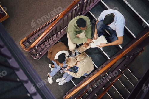 Preview: Above, student group and stairs for study together, thinking and research for exam, test or educati