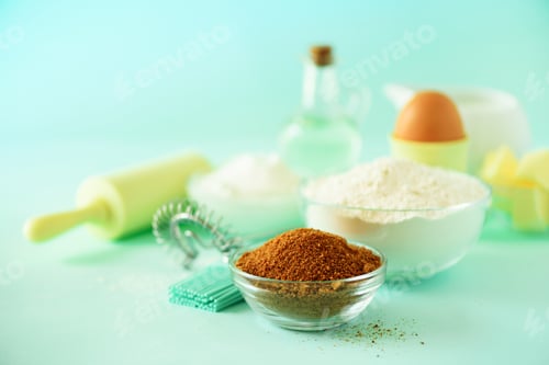 Preview: Bakery food frame, cooking concept. Different baking ingredients - butter, sugar, flour, milk, eggs