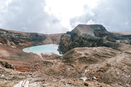 Preview: View of the volcano crater with a lake inside