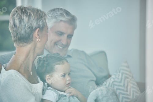 Preview: Grandparents, girl and hug with family relax, love and care on lounge sofa in home. Smile, play and