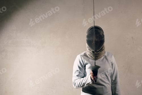 Preview: Fencer woman with fencing sword. Fencers duel concept.