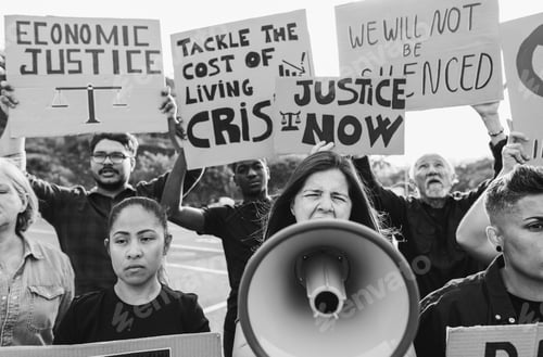 Preview: Crowd of multiracial people protest against inflation and financial crisis