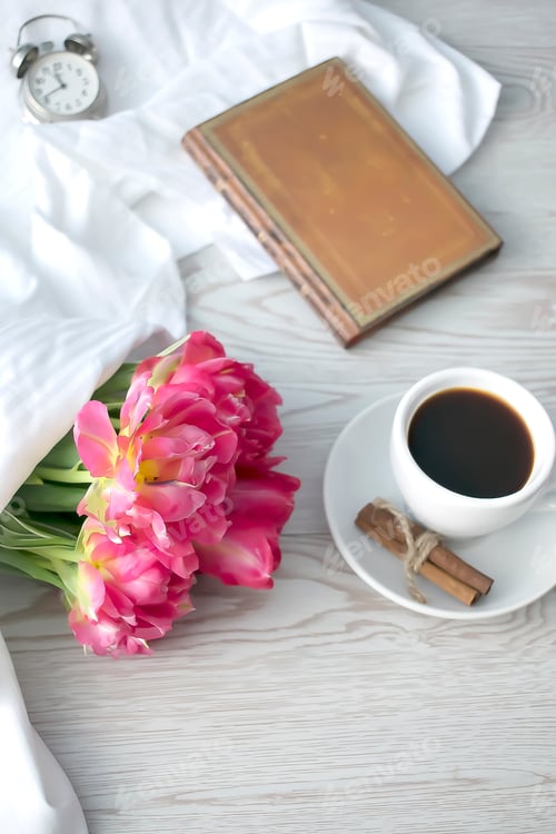 Preview: Spring flowers. Women's mothers day greeting card with pink tulips bouquet espresso coffee in cup