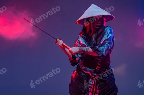 Preview: Combative woman samurai in cyberpunk style with katana