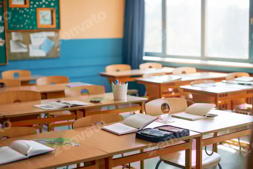 Preview: Classroom Interior with Empty Desks and School Supplies