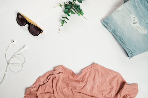 Preview: Set of clothes and accessories on white background. Top view, flat lay