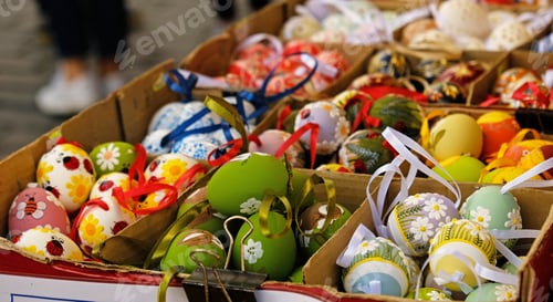 Preview: Beautiful colorful decor for Easter. Traditional Easter painted colorful eggs are sold at market