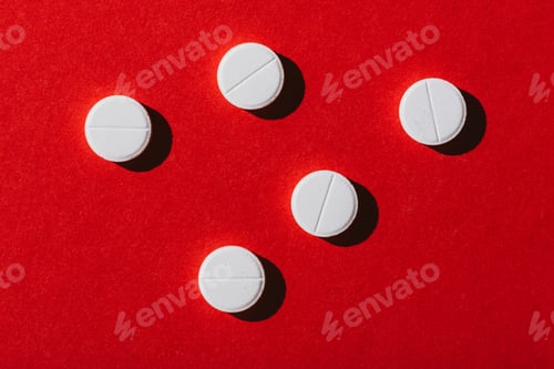 Preview: top view of round white pills on red