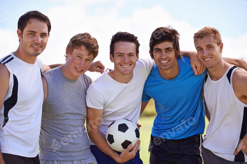 Preview: You sure you wanna take us on. Cropped shot of a team of soccer players standing outdoors.