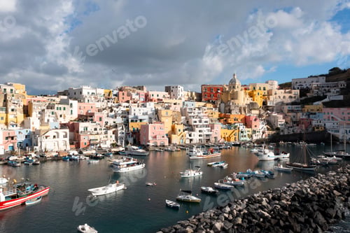 Preview: Aerial view of colourful fishermen's houses, on Procida Island, Bay of Naples, Italy.