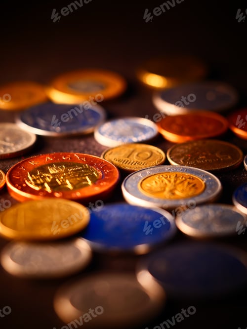 Preview: Vertical shot of shining coins' collection in the black background
