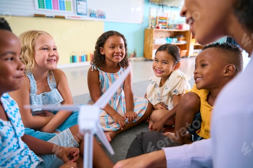 Preview: Primary Or Elementary School Class With Teacher And Model Wind Turbine Learning About Environment