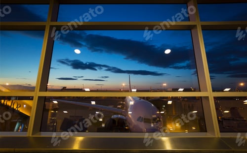 Preview: Airport terminal window view of airplane, New York, USA