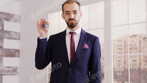 Real estate agent in business suit smiling and showing apartment key