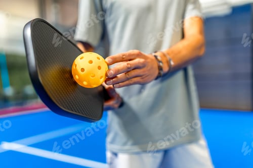 Preview: Person holding pickleball paddle and ball on court