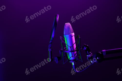 Preview: Professional microphone against black background in studio