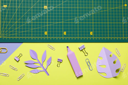Preview: Patchwork accessories concept on yellow background, mat cutting