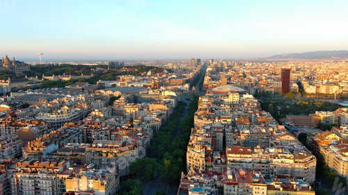 Preview: Aerial view of Barcelona City Skyline at sunrise. Plaça d’Espanya (Plaza España)