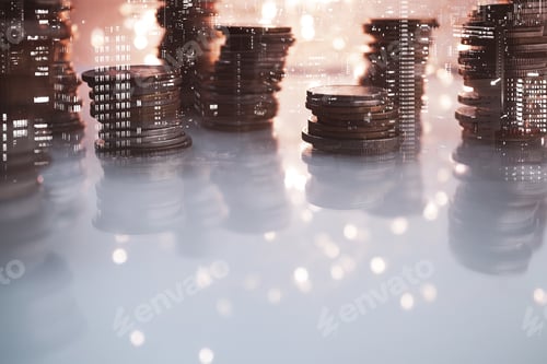 Preview: Double Exposure Of City View And Rows Of Coins For Finance , Money , Investment And Business