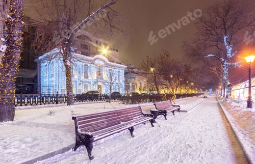Preview: Decorated for Christmas and New Year's city park at night